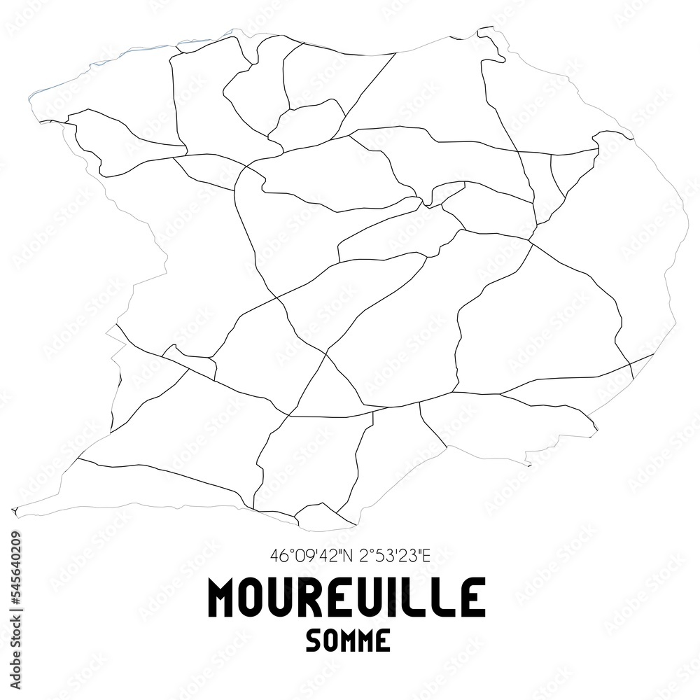 MOUREUILLE Somme. Minimalistic street map with black and white lines.