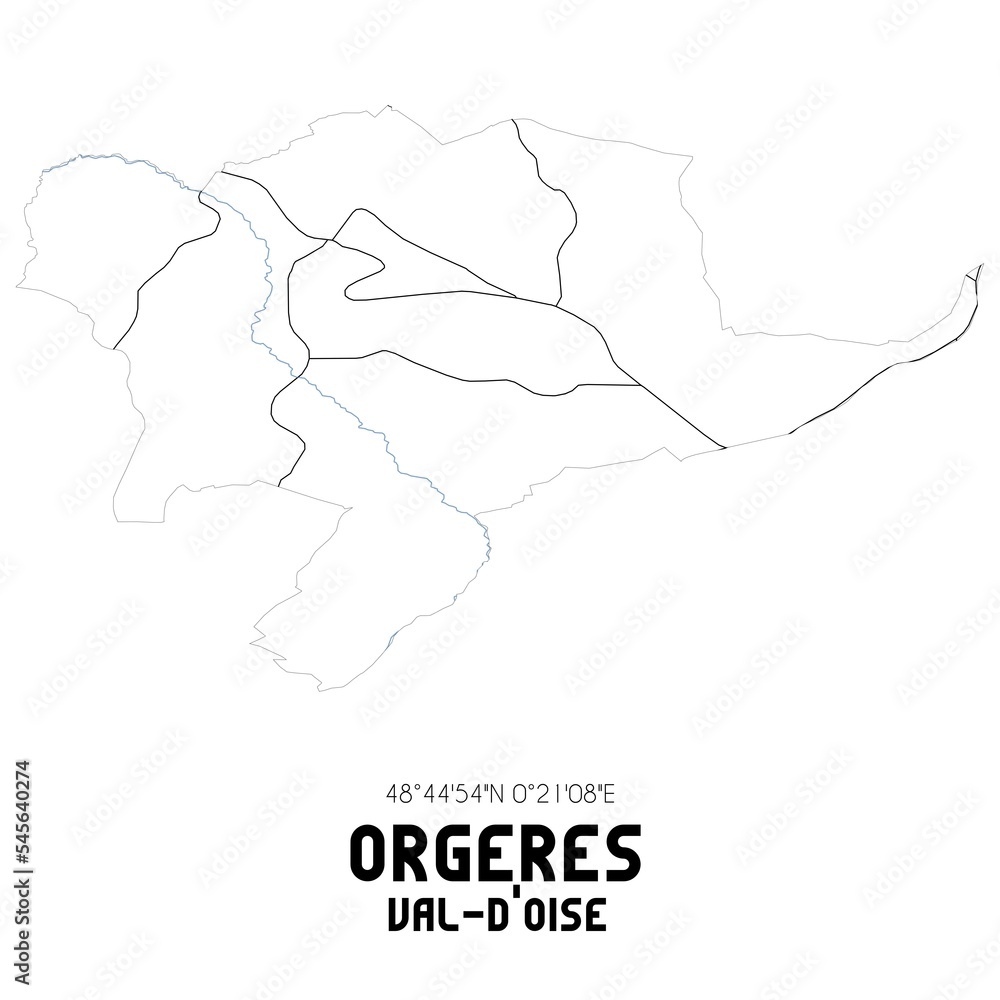 ORGERES Val-d'Oise. Minimalistic street map with black and white lines.