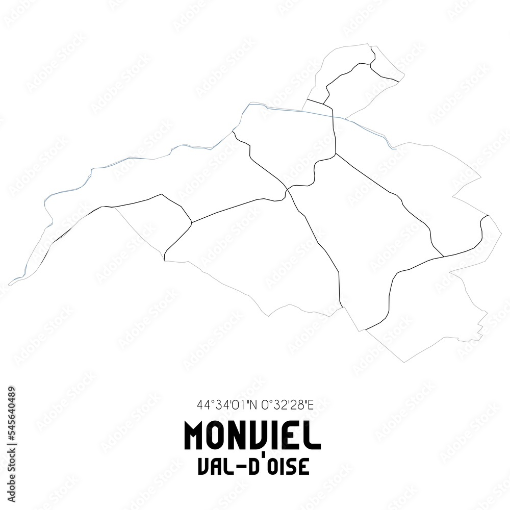 MONVIEL Val-d'Oise. Minimalistic street map with black and white lines.