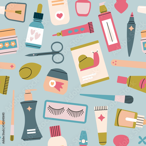 Seamless pattern with various beauty products: moisturizer, sheet mask, cleanser, tonic etc. Cute vector illustration. Korean cosmetics. Beauty procedure, spa and self care concept.