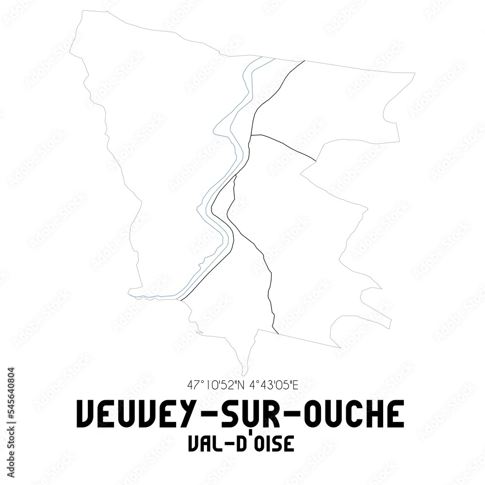 VEUVEY-SUR-OUCHE Val-d'Oise. Minimalistic street map with black and white lines.