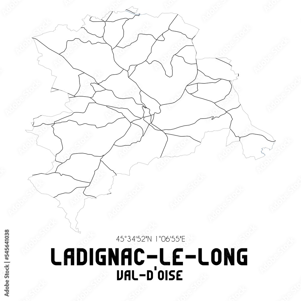 LADIGNAC-LE-LONG Val-d'Oise. Minimalistic street map with black and white lines.