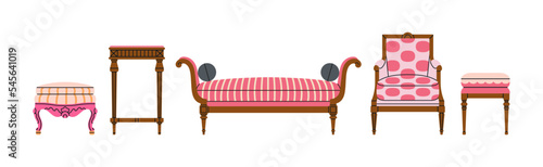 Set with antique wooden furniture, Renaissance style. Armchair, sofa, pouf, table etc. For museum and palace interiors. Room decoration. Hand draw vector illustration isolated on white background.