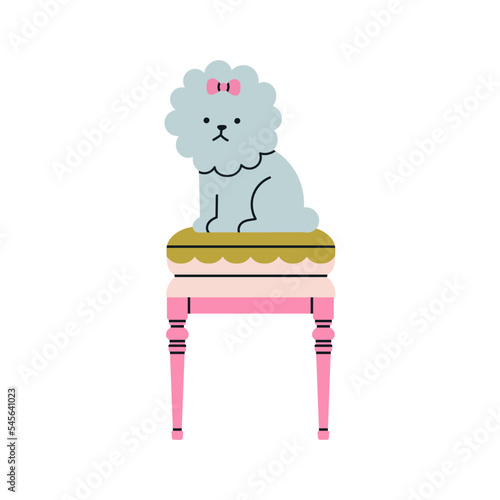 Poster with an antique vintage wooden pouf and funny puppy sitting on it. Luxury design for royal or museum interiors concept. Hand drawn vector illustration isolated on white background. Cute design