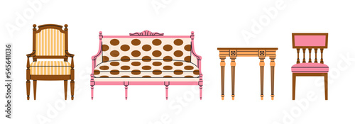 Set with antique wooden furniture, Renaissance style. Armchair, sofa, table etc. For museum and palace interiors. Room decoration. Hand draw vector illustration isolated on white background.