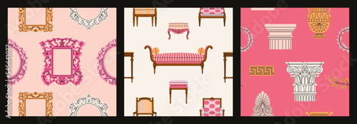 Set with seamless patterns. Architectural details and antique vintage furniture. Luxury design, royal or museum interiors concept. Hand drawn vector illustrations. Prints, fabric, wrapping paper etc.