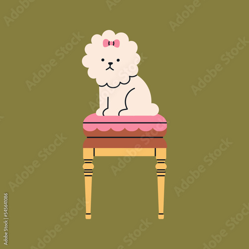 Poster with an antique vintage wooden pouf and funny puppy sitting on it. Luxury design for royal or museum interiors concept. Cute hand drawn vector illustration isolated on colorful background.