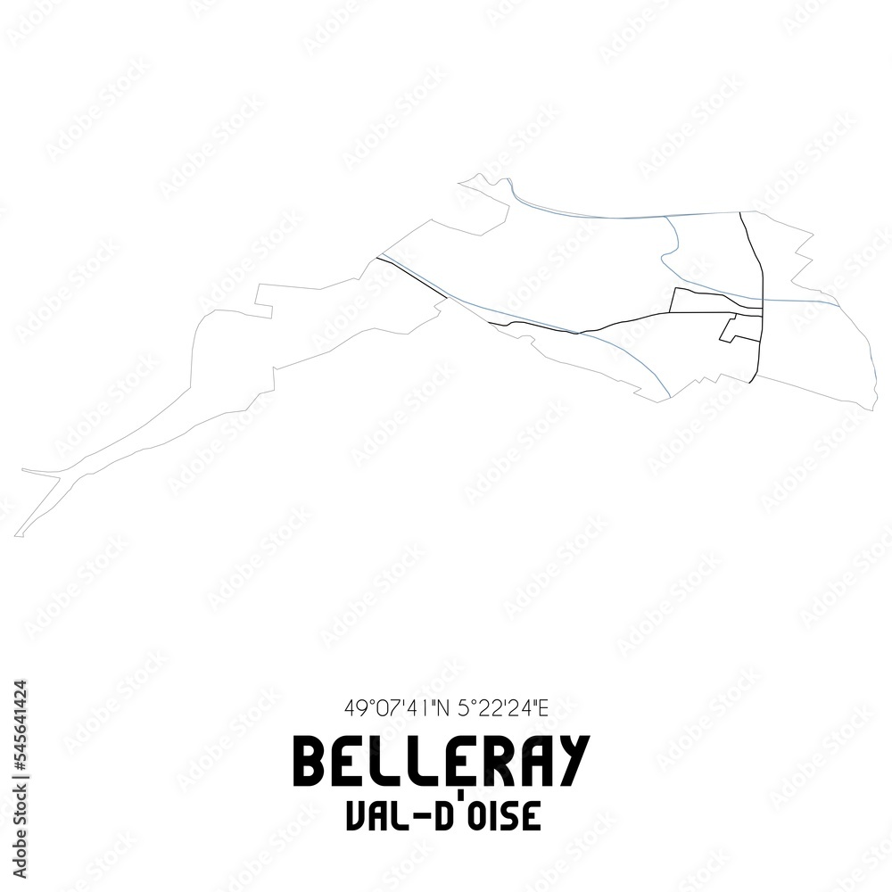 BELLERAY Val-d'Oise. Minimalistic street map with black and white lines. BELLERAY Val-d'Oise. Minimalistic street map with black and white lines.