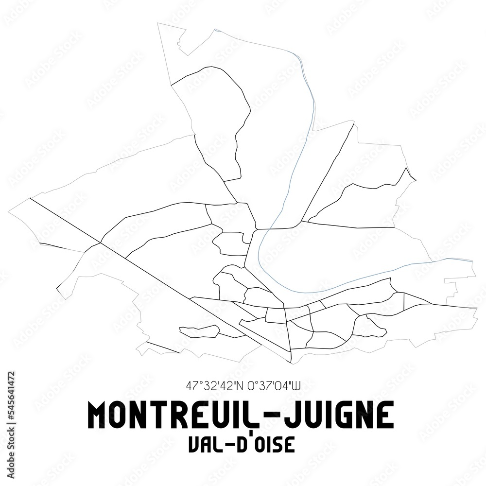 MONTREUIL-JUIGNE Val-d'Oise. Minimalistic street map with black and white lines. MONTREUIL-JUIGNE Val-d'Oise. Minimalistic street map with black and white lines.
