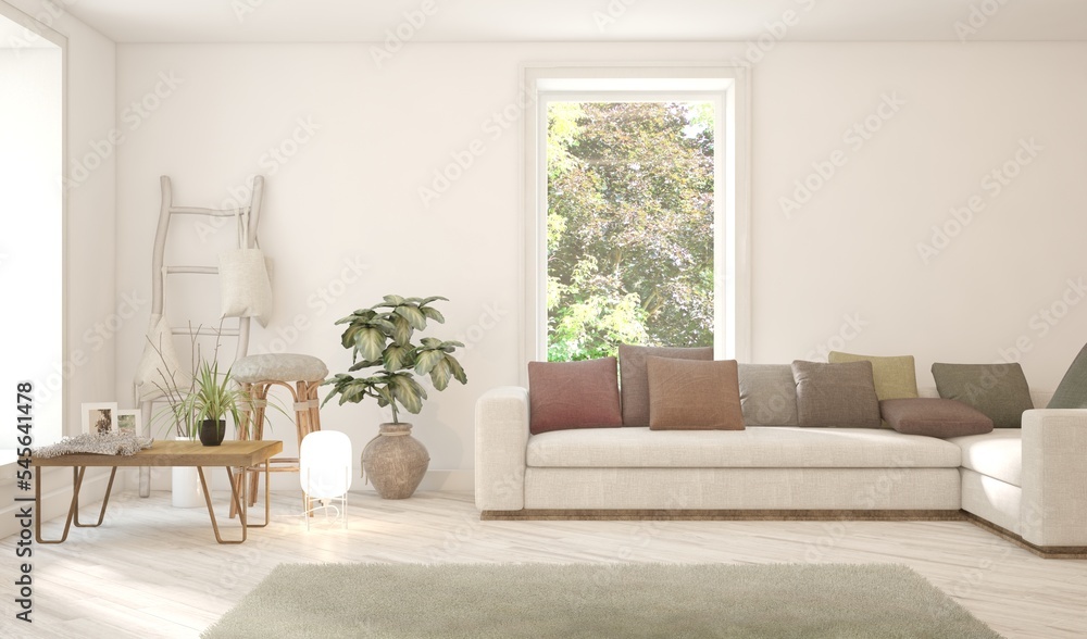 Fototapeta premium White living room with sofa and summer landscape in window. Scandinavian interior design. 3D illustration