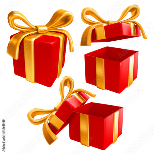 Set of festive red gift boxes with gorgeous golden bow, open and closed, isolated on white background. Vector realistic 3d illustration