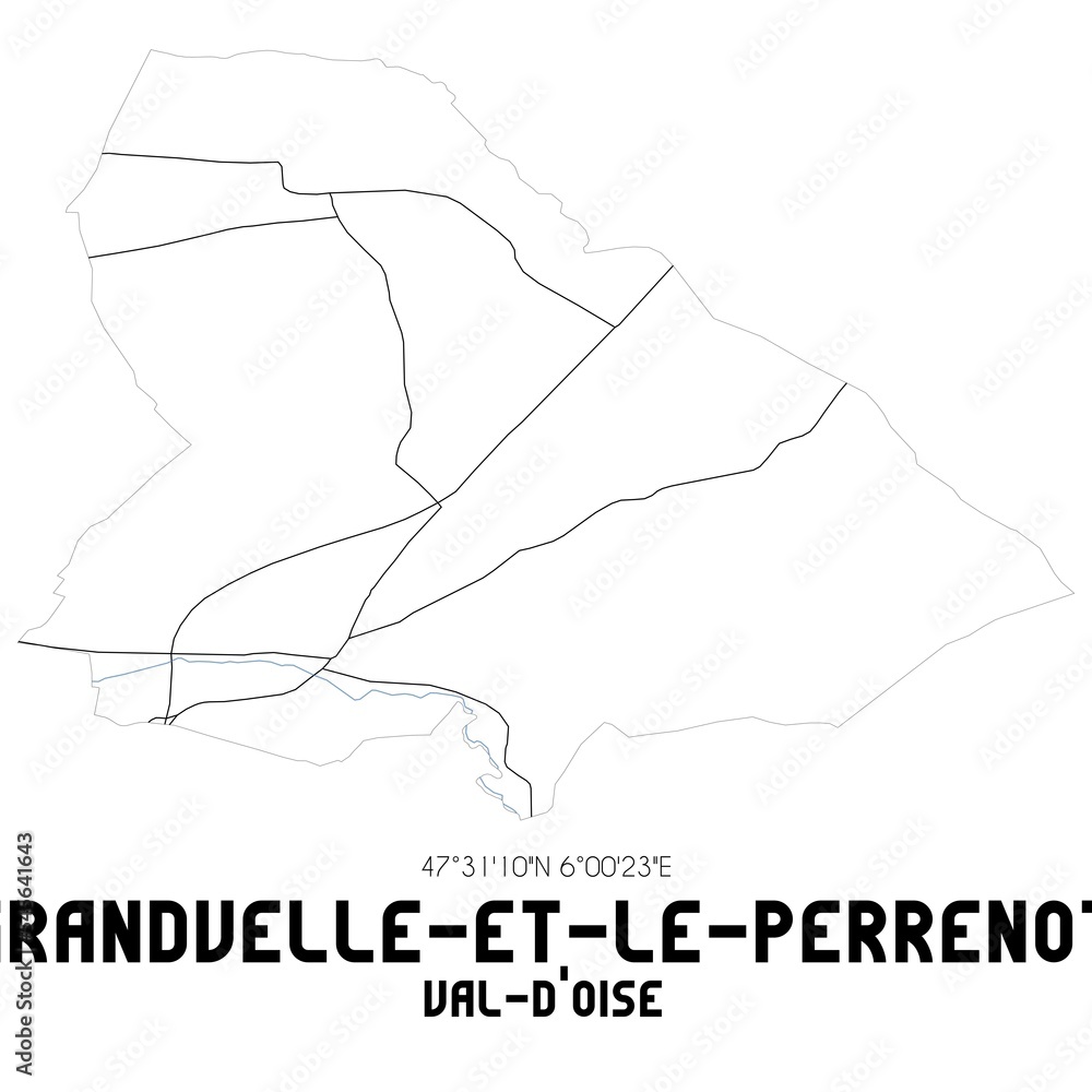 GRANDVELLE-ET-LE-PERRENOT Val-d'Oise. Minimalistic street map with black and white lines. GRANDVELLE-ET-LE-PERRENOT Val-d'Oise. Minimalistic street map with black and white lines.