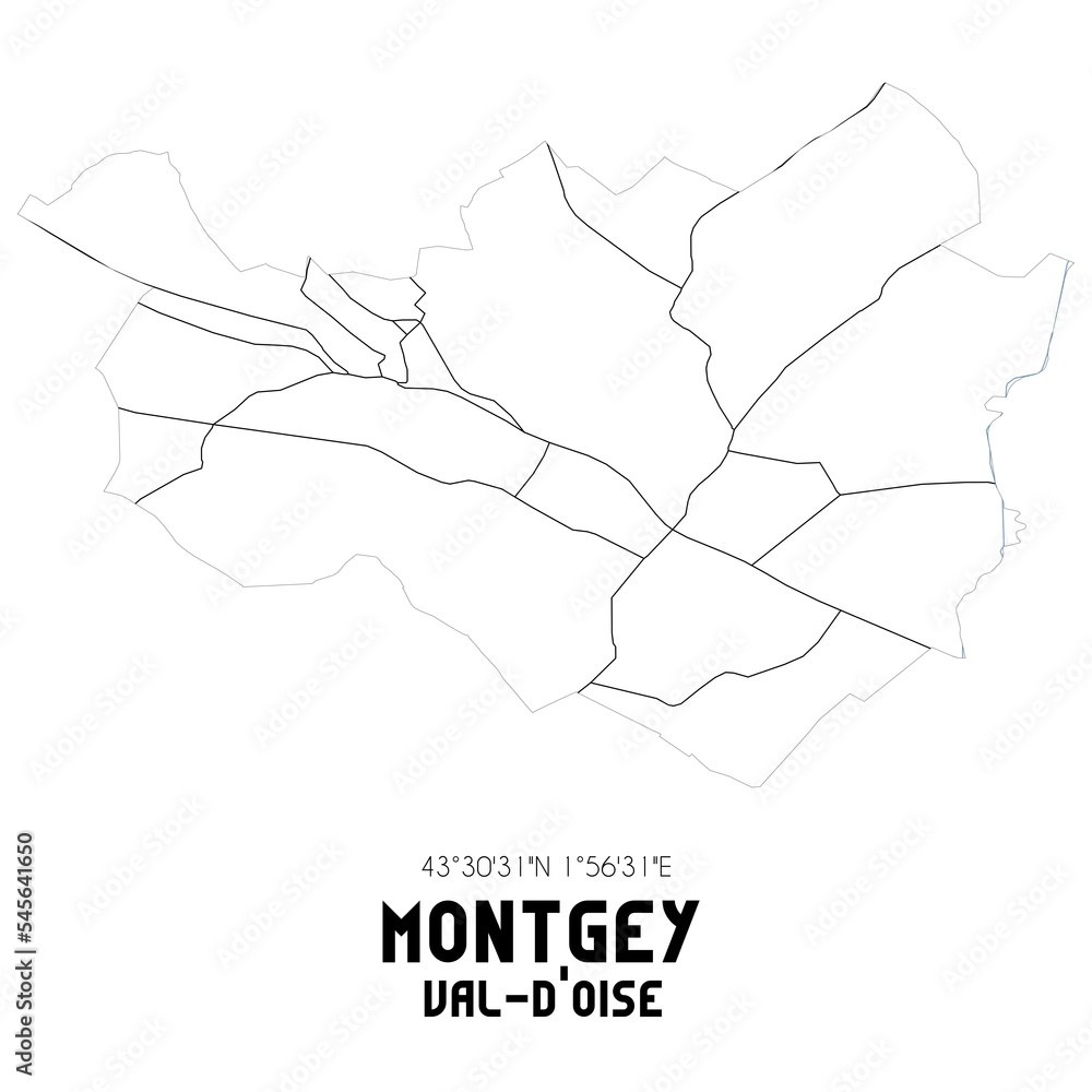 MONTGEY Val-d'Oise. Minimalistic street map with black and white lines.