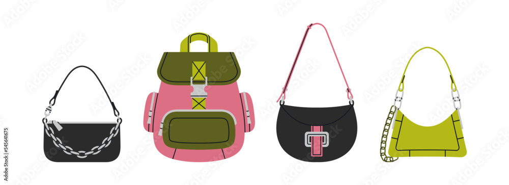Set with different stylish handbags. Shoulder bags and a backpack. Fashion, lifestyle and online shopping. Hand drawn vector illustrations isolated on white background. Trendy shapes and colors Set with different stylish handbags. Shoulder bags and a backpack. Fashion, lifestyle and online shopping. Hand drawn vector illustrations isolated on white background. Trendy shapes and colors