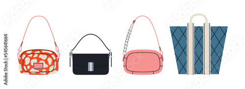 Set with different stylish handbags. Shoulder and crossbody bags, shopping bag. Fashion and lifestyle. Hand drawn vector illustrations isolated on white background. Trendy shapes and colors