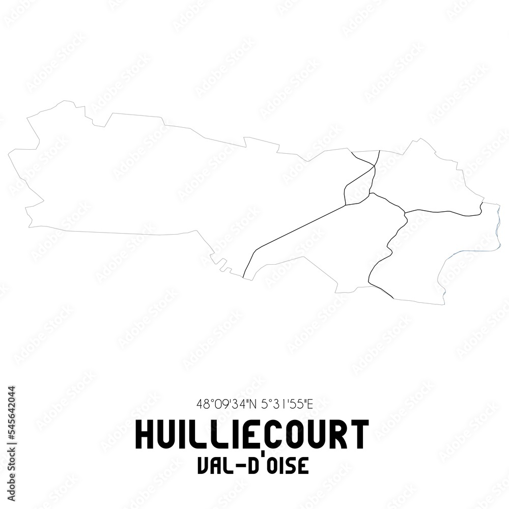 HUILLIECOURT Val-d'Oise. Minimalistic street map with black and white lines. HUILLIECOURT Val-d'Oise. Minimalistic street map with black and white lines.