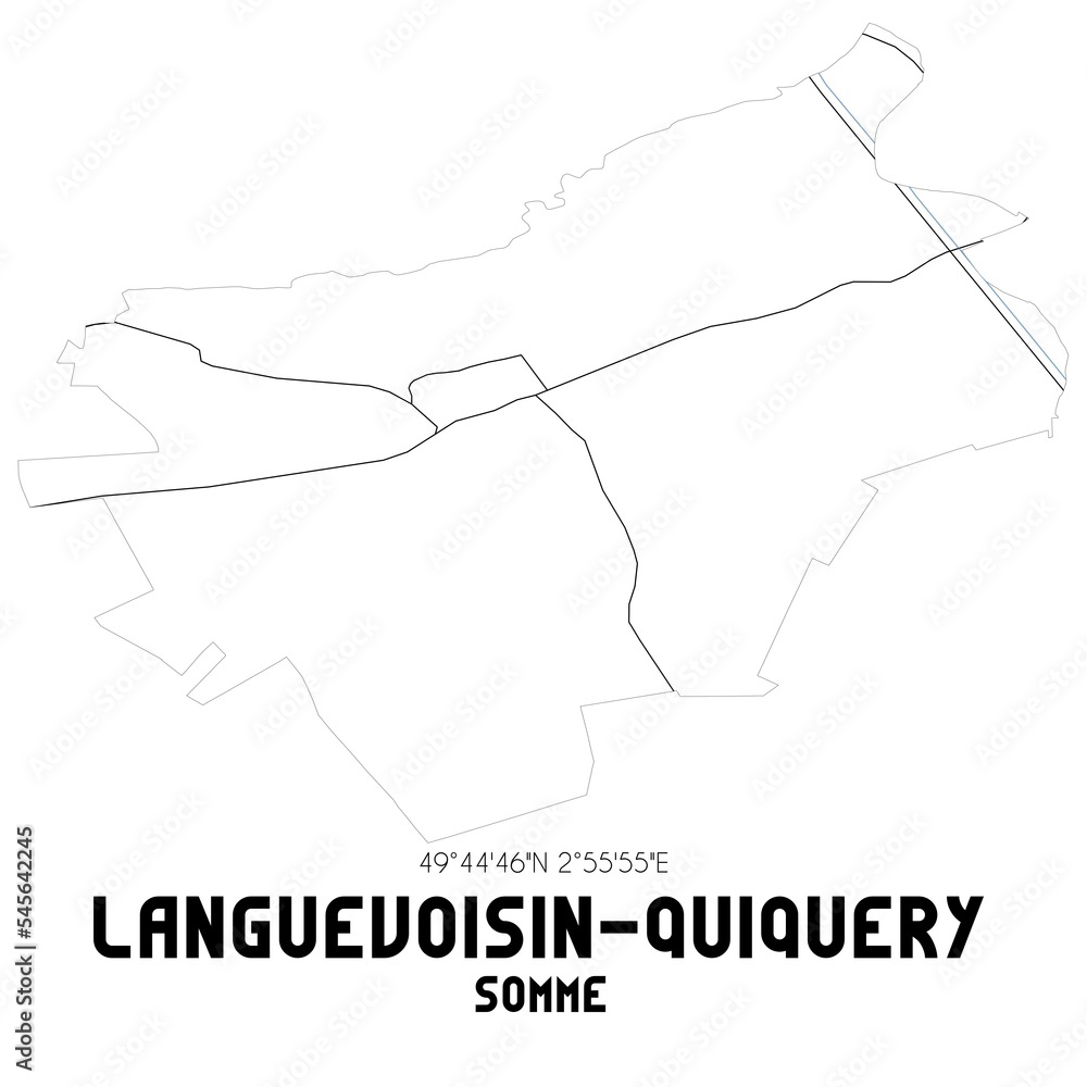 LANGUEVOISIN-QUIQUERY Somme. Minimalistic street map with black and white lines.