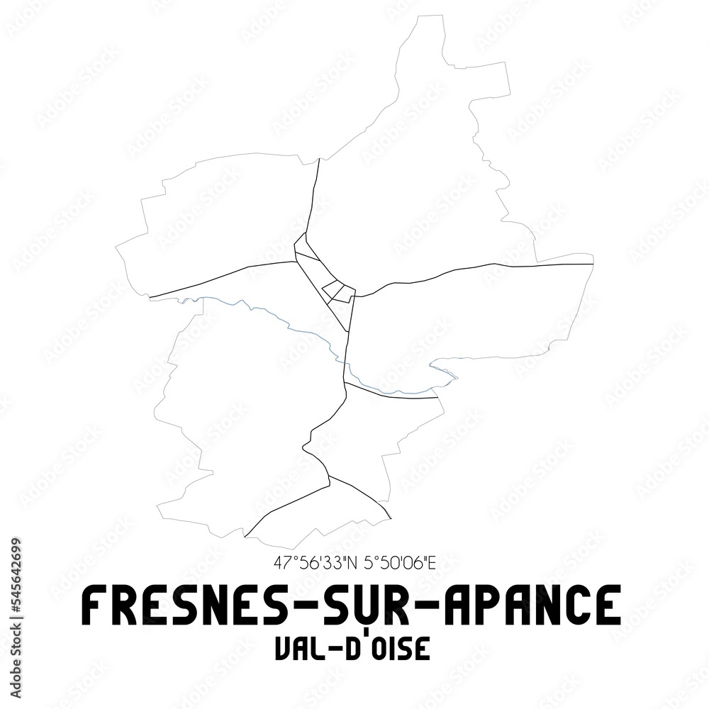 FRESNES-SUR-APANCE Val-d'Oise. Minimalistic street map with black and white lines. FRESNES-SUR-APANCE Val-d'Oise. Minimalistic street map with black and white lines.