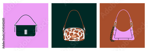 Posters set with different stylish handbags. Shoulder and crossbody bags, leather and textile. Fashion and lifestyle. Hand drawn colorful vector illustrations. Trendy shapes and colors.