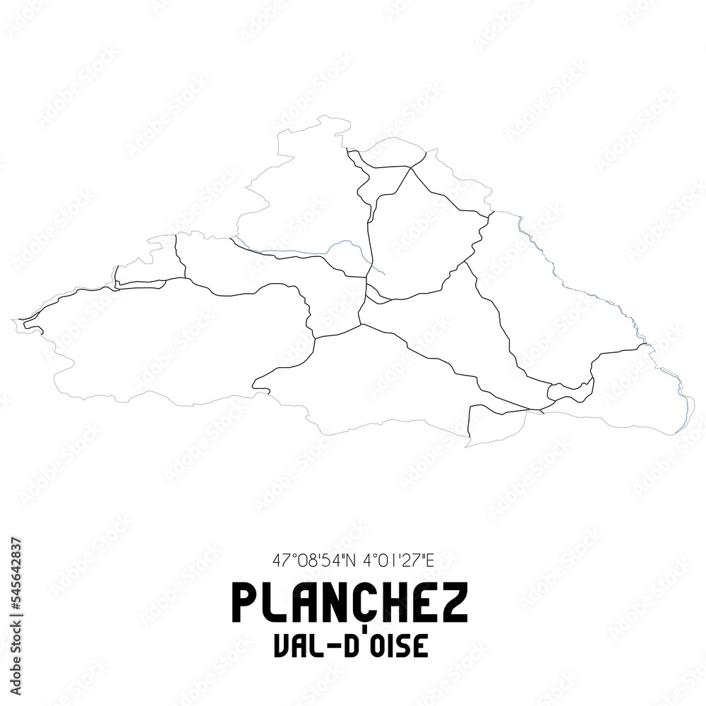 PLANCHEZ Val-d'Oise. Minimalistic street map with black and white lines.