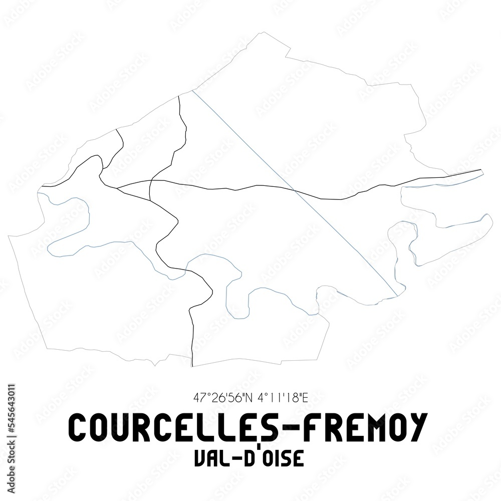 COURCELLES-FREMOY Val-d'Oise. Minimalistic street map with black and white lines.