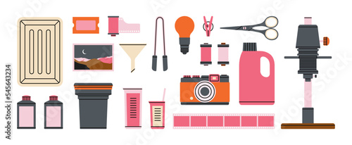 Set with various tools for film development: enlarger, red safelight, tongs, funnel, film reel, camera, chemicals etc. Dark room supplies. Hand drawn vector illustration. Retro photo printing concept