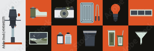 Set with various tools for film development: enlarger, red safelight, tongs, funnel, film reel, camera, chemicals etc. Dark room supplies. Hand drawn vector illustration. Retro photo printing concept