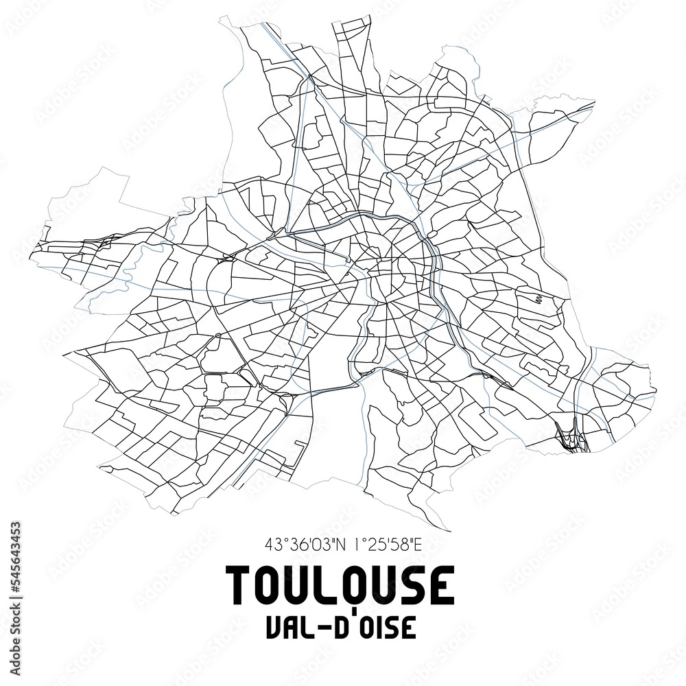 TOULOUSE Val-d'Oise. Minimalistic street map with black and white lines.