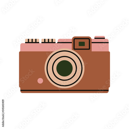 Poster with a vintage film camera. Dark room supplies. Retro photo shooting and printing concept. Art and hobbies. Hand drawn vector illustration isolated on white background.