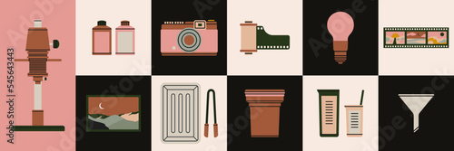 Set with various tools for film development: enlarger, red safelight, tongs, funnel, film reel, camera, chemicals etc. Dark room supplies. Hand drawn vector illustration. Retro photo printing concept