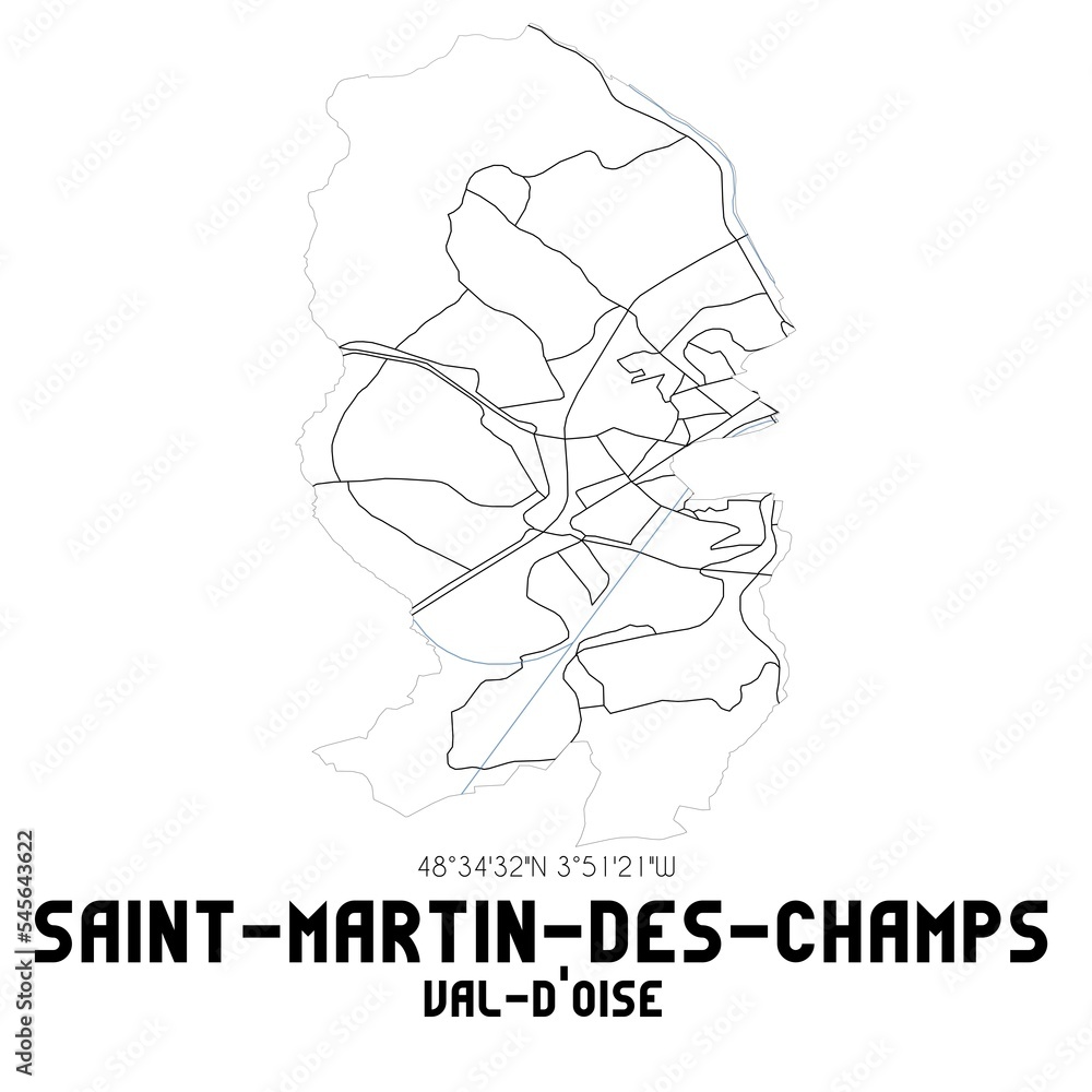 SAINT-MARTIN-DES-CHAMPS Val-d'Oise. Minimalistic street map with black and white lines.