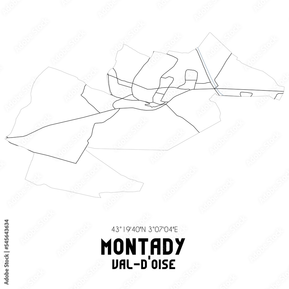 MONTADY Val-d'Oise. Minimalistic street map with black and white lines. MONTADY Val-d'Oise. Minimalistic street map with black and white lines.