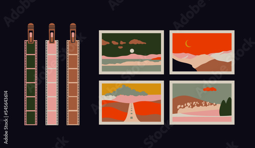 Hand drawn vector illustrations set with photos and developed film  suspended and gripped with clothespins. Photos of landscapes and nature. Dark room supplies. Retro photo printing concept.