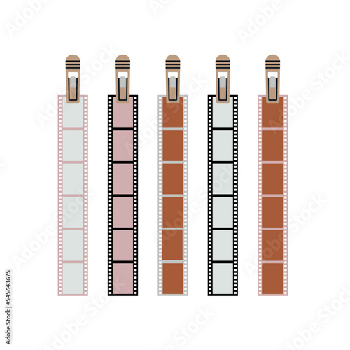Poster with developed film suspended and gripped with clothespins. Dark room supplies. Retro photo printing concept. Hand drawn vector illustration isolated on white background.