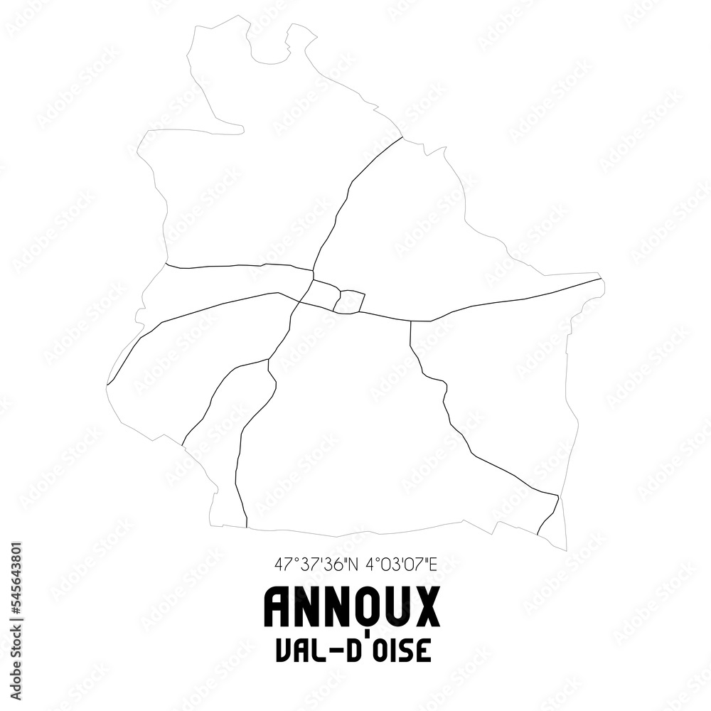 ANNOUX Val-d'Oise. Minimalistic street map with black and white lines. ANNOUX Val-d'Oise. Minimalistic street map with black and white lines.