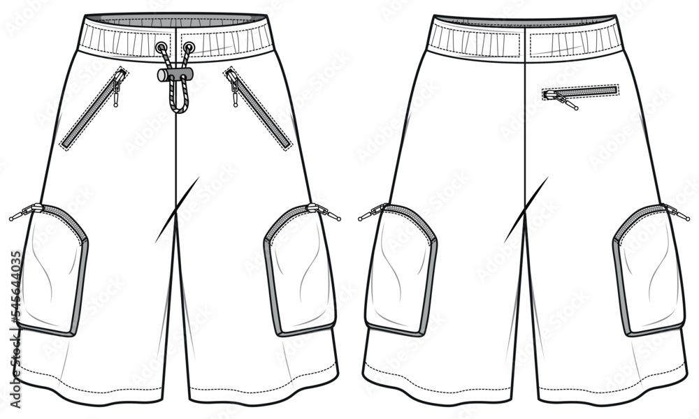Men's Jersey shorts front and back view flat sketch fashion