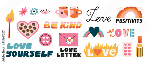 Stickers set with attributes of love. Different types of love - passion  romantic relations  self love. Hand drawn vector illustrations in cute colors. Positive concept for print and card design.