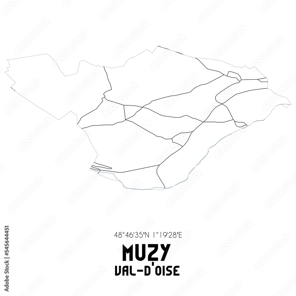 MUZY Val-d'Oise. Minimalistic street map with black and white lines.