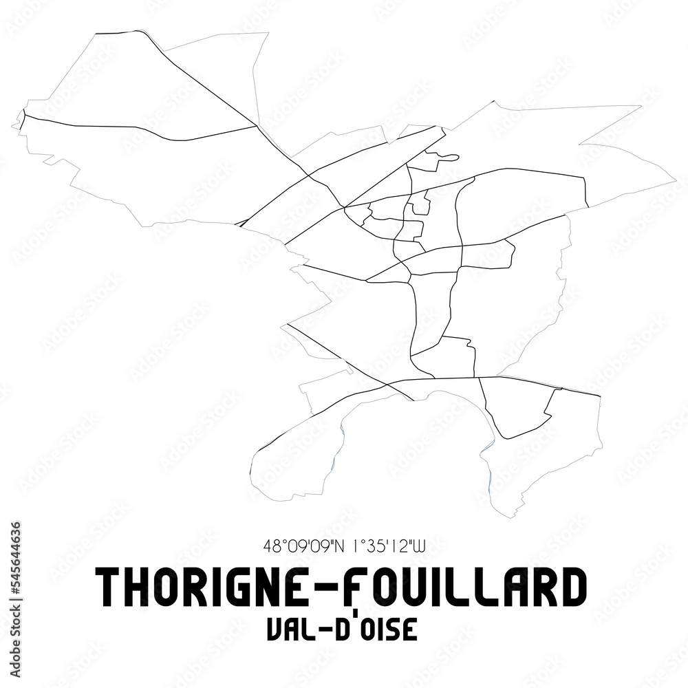 THORIGNE-FOUILLARD Val-d'Oise. Minimalistic street map with black and white lines. THORIGNE-FOUILLARD Val-d'Oise. Minimalistic street map with black and white lines.