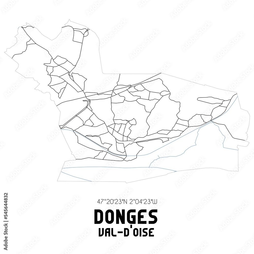 DONGES Val-d'Oise. Minimalistic street map with black and white lines. DONGES Val-d'Oise. Minimalistic street map with black and white lines.