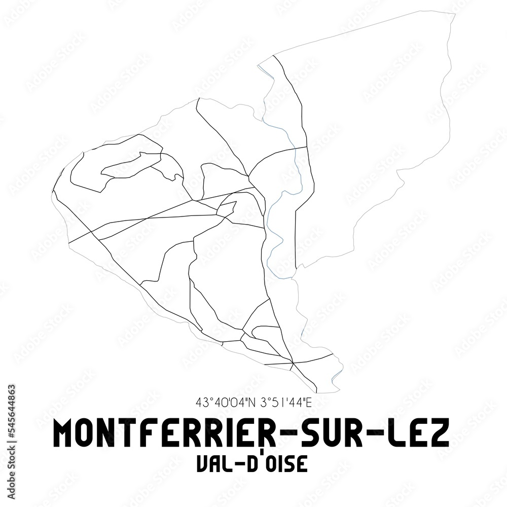 MONTFERRIER-SUR-LEZ Val-d'Oise. Minimalistic street map with black and white lines. MONTFERRIER-SUR-LEZ Val-d'Oise. Minimalistic street map with black and white lines.