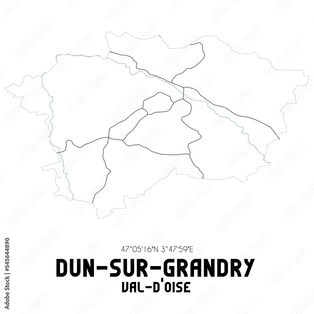 DUN-SUR-GRANDRY Val-d'Oise. Minimalistic street map with black and white lines.
