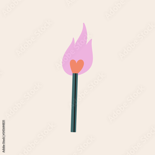 A burning match. Head of the match has a heart shape. Romance, passion and love on fire concept. For t-shirt prints, typographic design. Hand drawn vector illustration. Saint Valentine's day