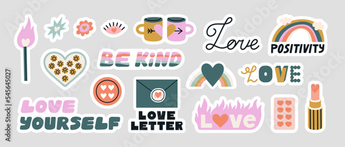 Stickers set with attributes of love. Different types of love - passion, romantic relations, self love. Hand drawn vector illustrations in cute colors. Positive concept for print and card design.