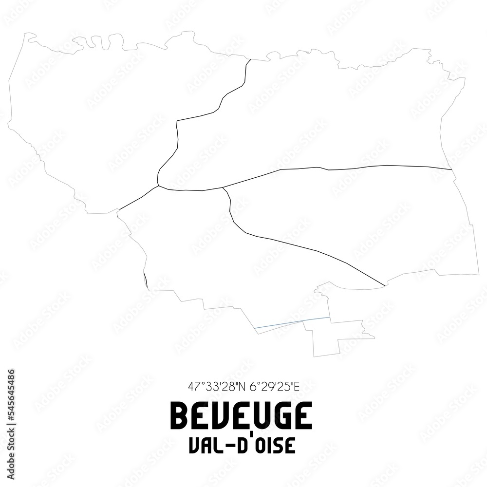 BEVEUGE Val-d'Oise. Minimalistic street map with black and white lines. BEVEUGE Val-d'Oise. Minimalistic street map with black and white lines.