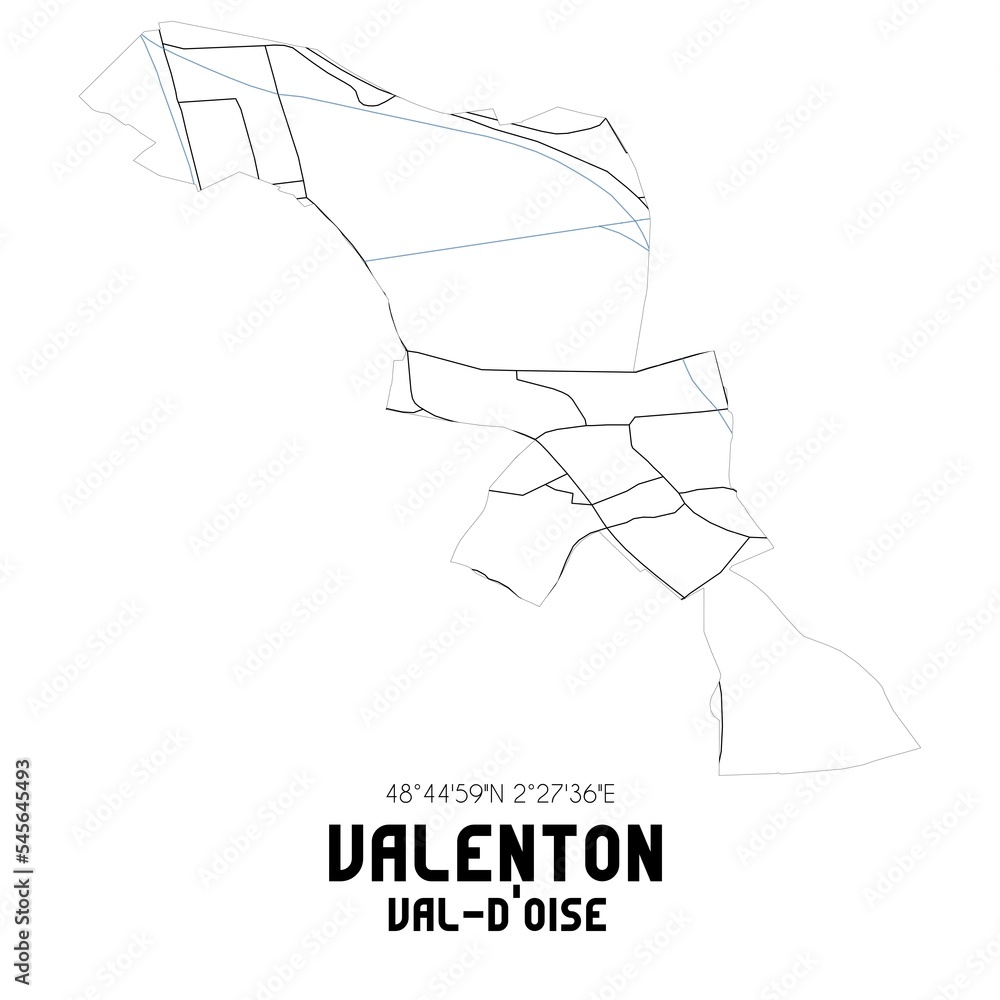VALENTON Val-d'Oise. Minimalistic street map with black and white lines.