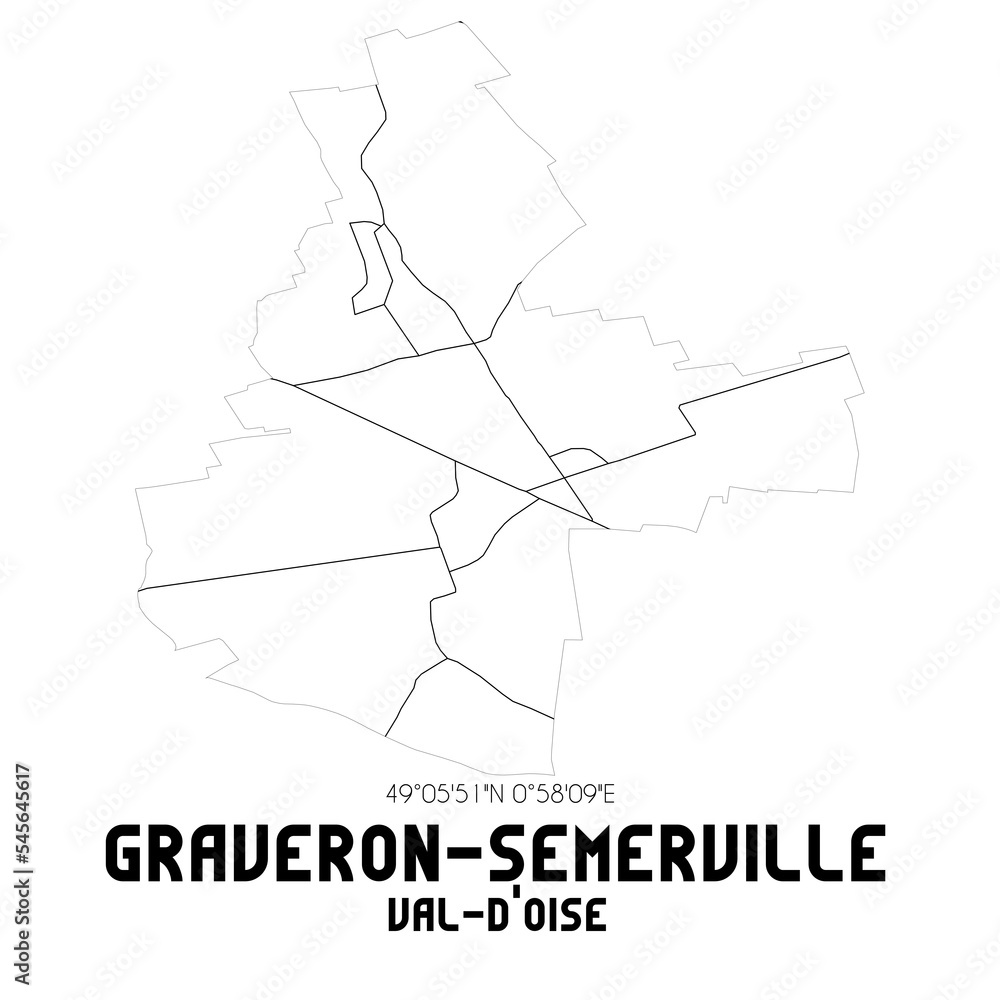 GRAVERON-SEMERVILLE Val-d'Oise. Minimalistic street map with black and white lines.