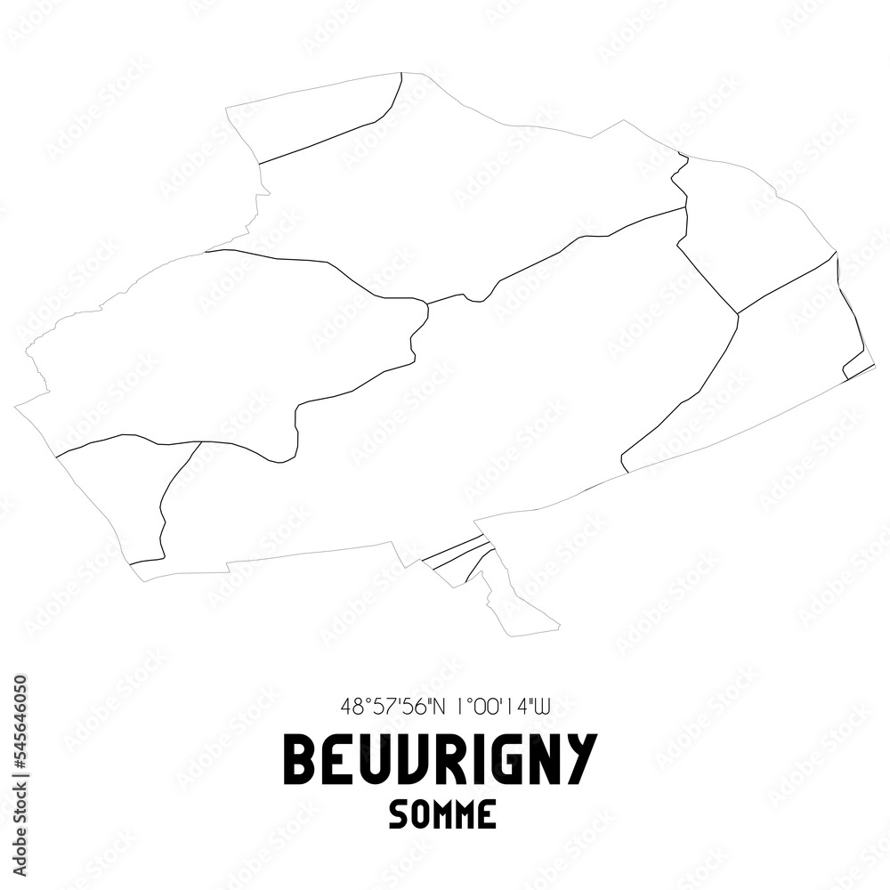 BEUVRIGNY Somme. Minimalistic street map with black and white lines. BEUVRIGNY Somme. Minimalistic street map with black and white lines.