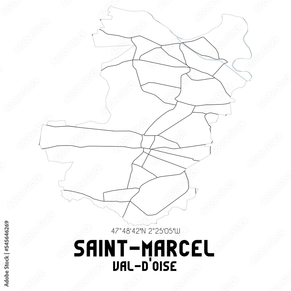 SAINT-MARCEL Val-d'Oise. Minimalistic street map with black and white lines. SAINT-MARCEL Val-d'Oise. Minimalistic street map with black and white lines.