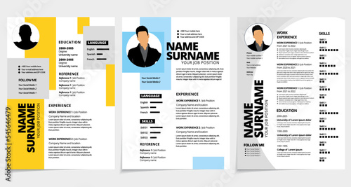 Resume design template minimalist cv. Set of business layout vector for job applications. A4 size.